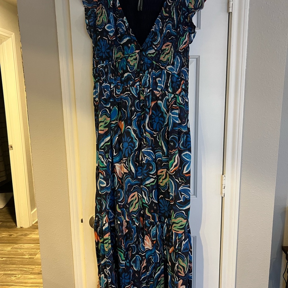 Anthropologie Navy Floral Print Maxi Dress